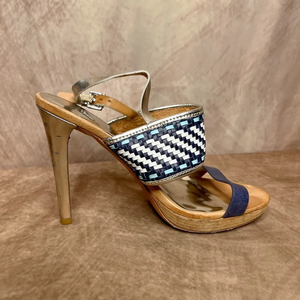 Coach Steffi Heels Pumps Slingback Woven Open Toe Sandals Silver Metallic Blue